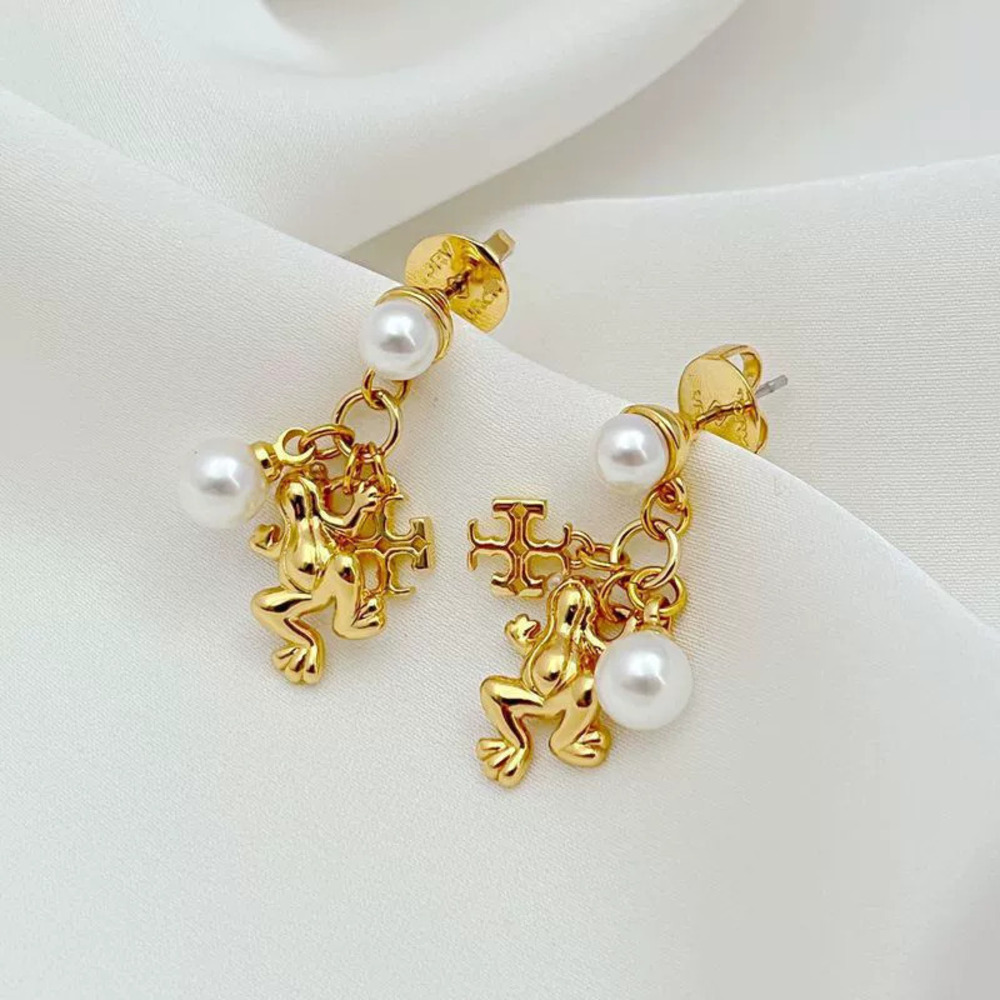 Tory Burch Gold Plated Rustic Frog Letter Pearl Multi Drop Earrings